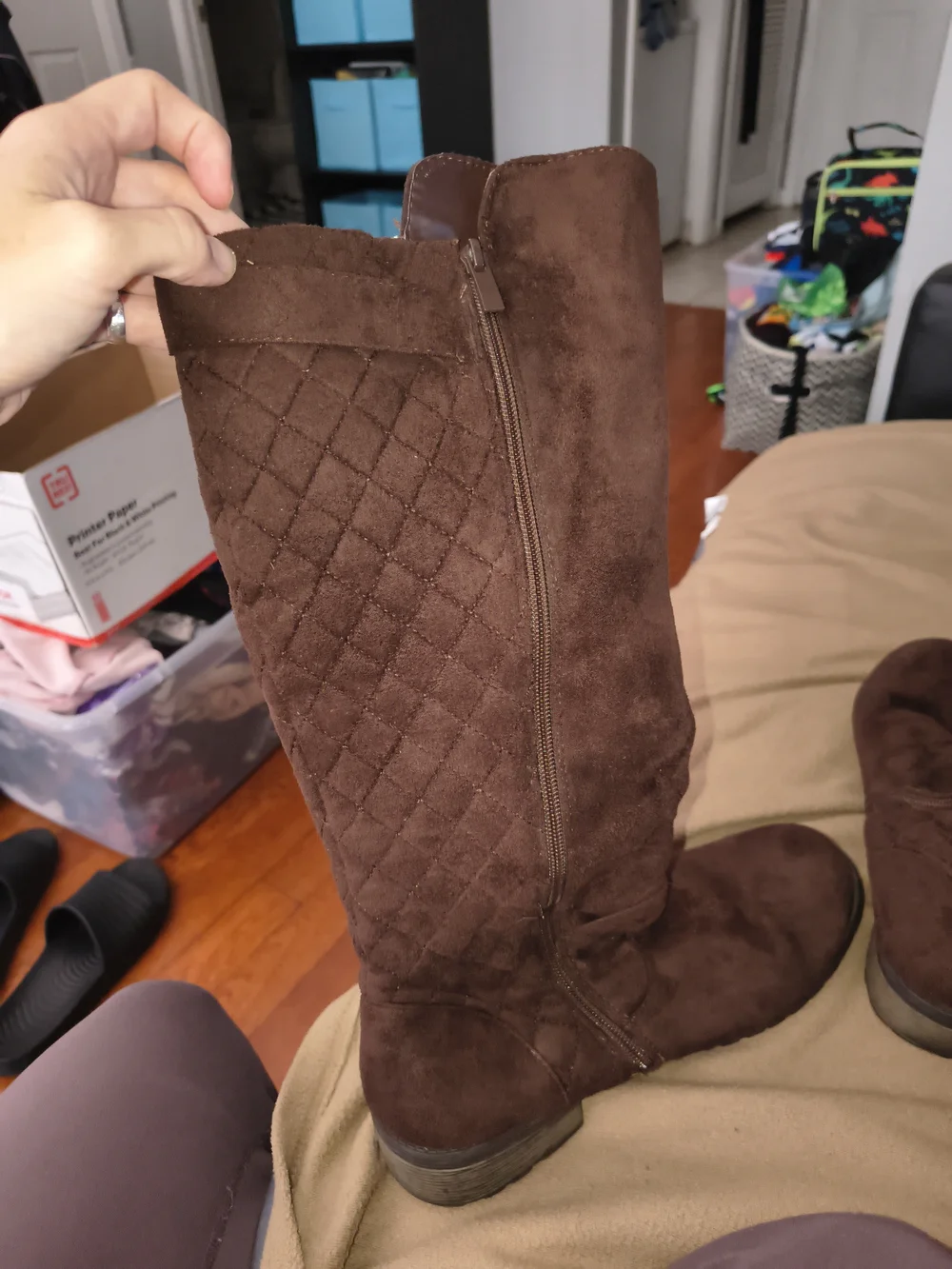 Women's Brown Quilted Suede Knee-High Boots with Gold Zip Accent